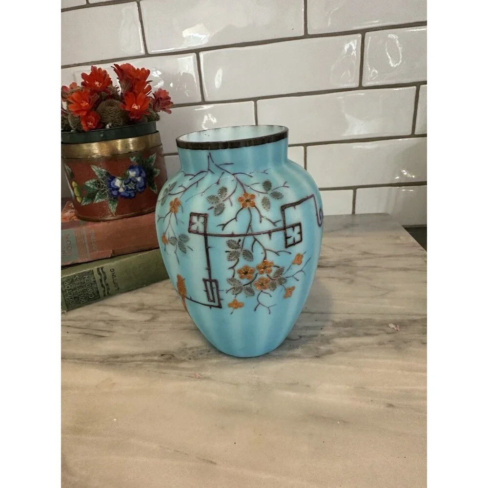 Gorgeous Antique Cased Satin Blue Glass Vase Raised Art Deco Bird Flowers